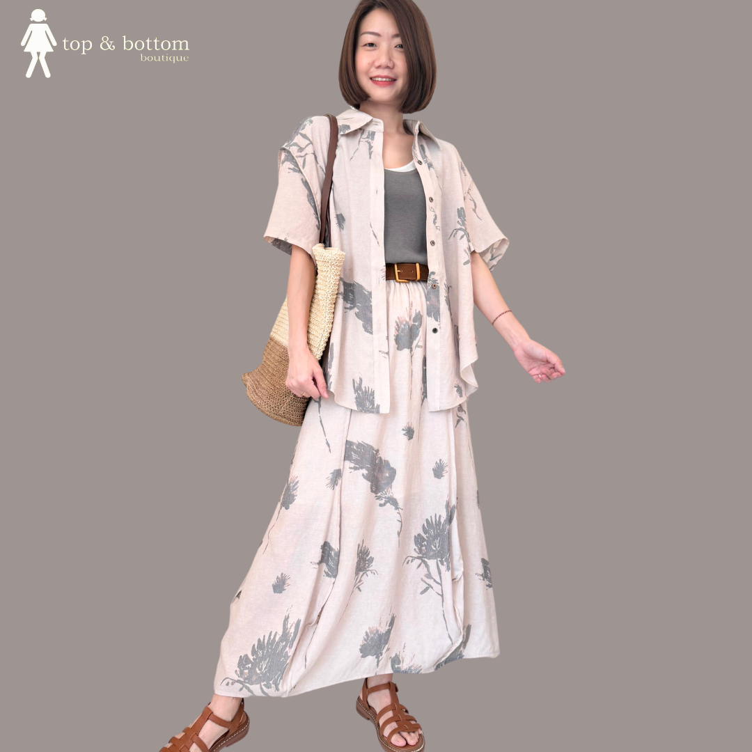 SOFT LINEN FLORAL PRINTED SHIRT & SKIRT SET SUIT