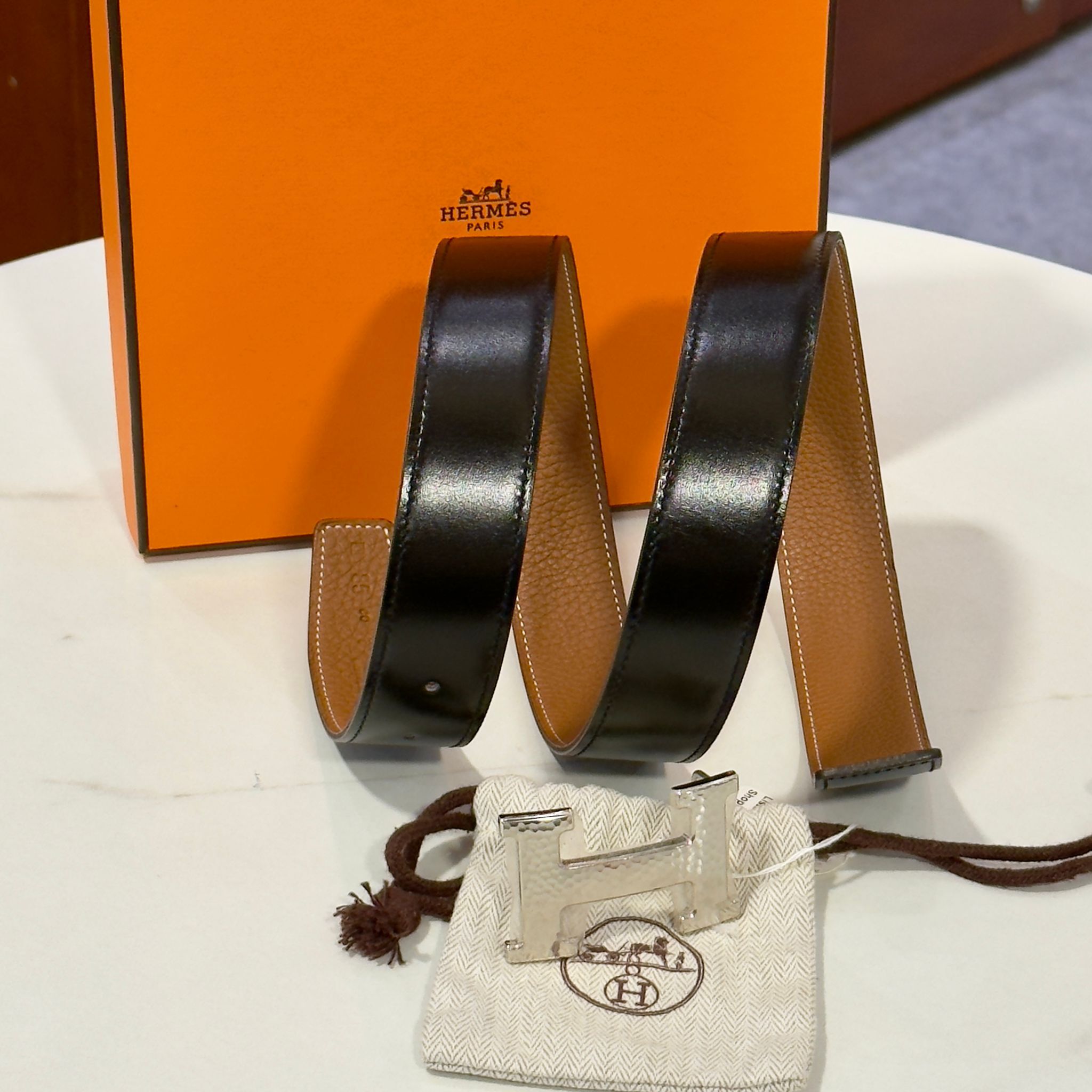 全新HERMES 皮帶85碼 32mm 黑色SWIFT/金棕色TOGO皮 H錘紋/銀扣 #BRAND NEW #香榭站正品