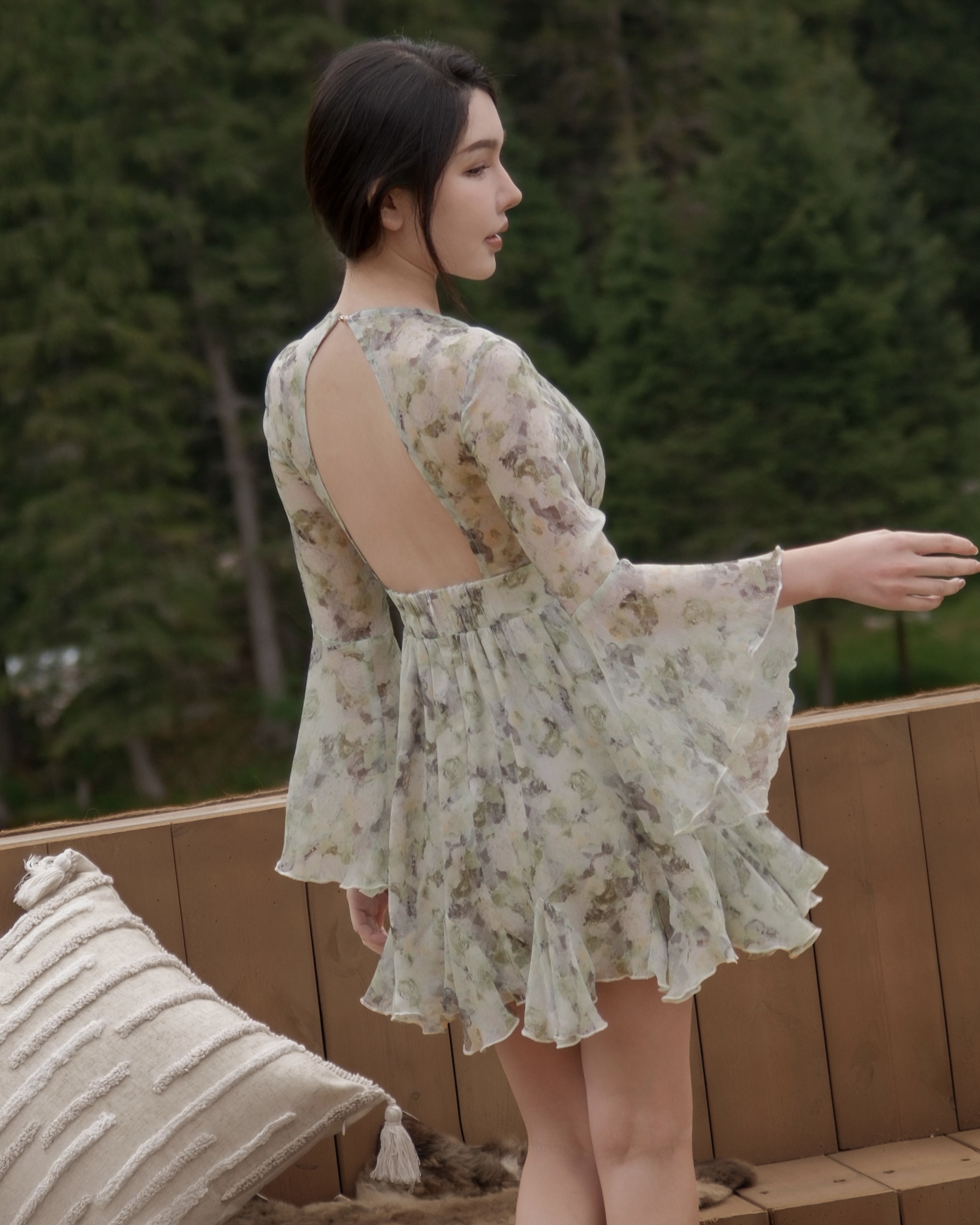 訂製-浪漫油畫印花水袖雪紡短洋