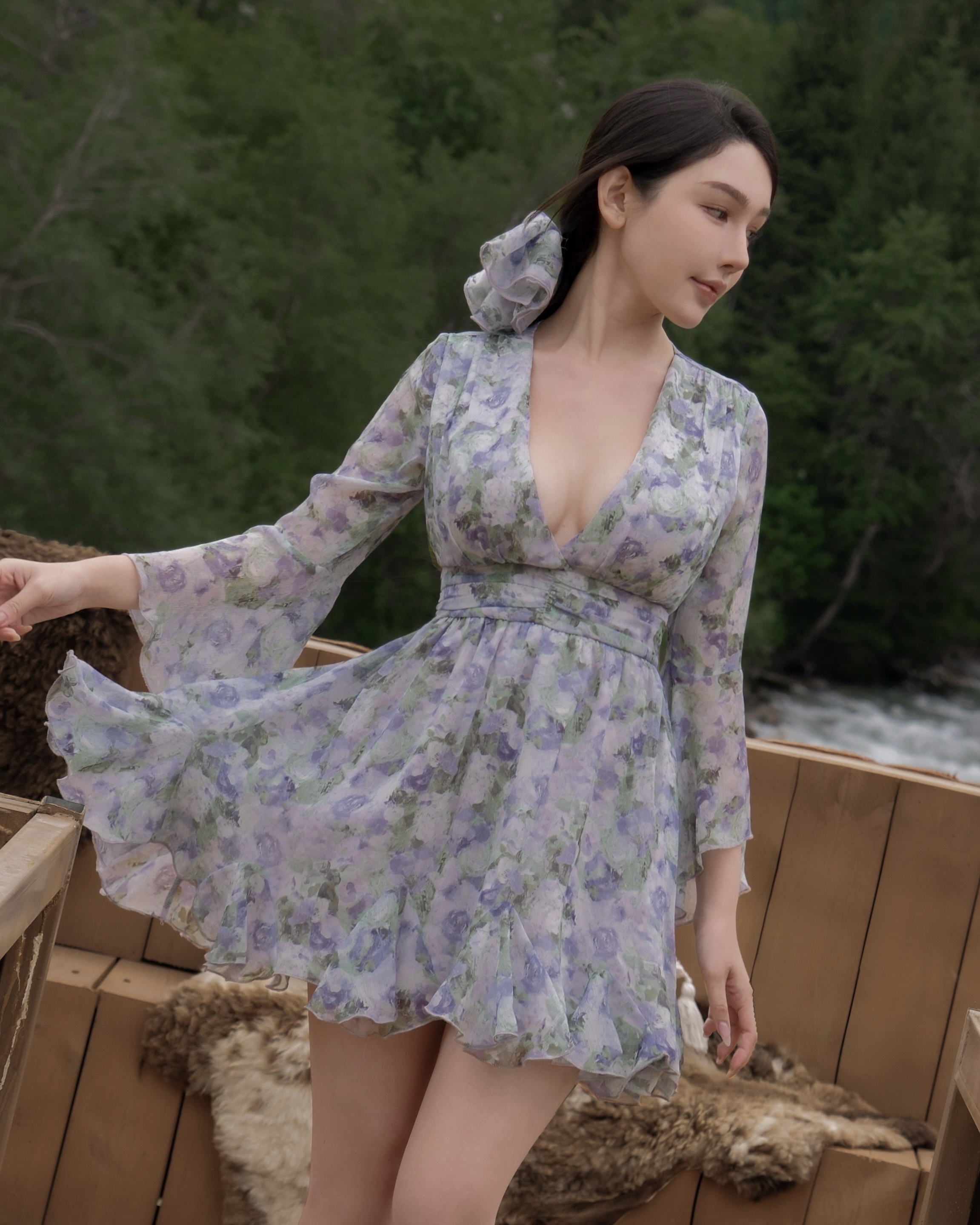 訂製-浪漫油畫印花水袖雪紡短洋