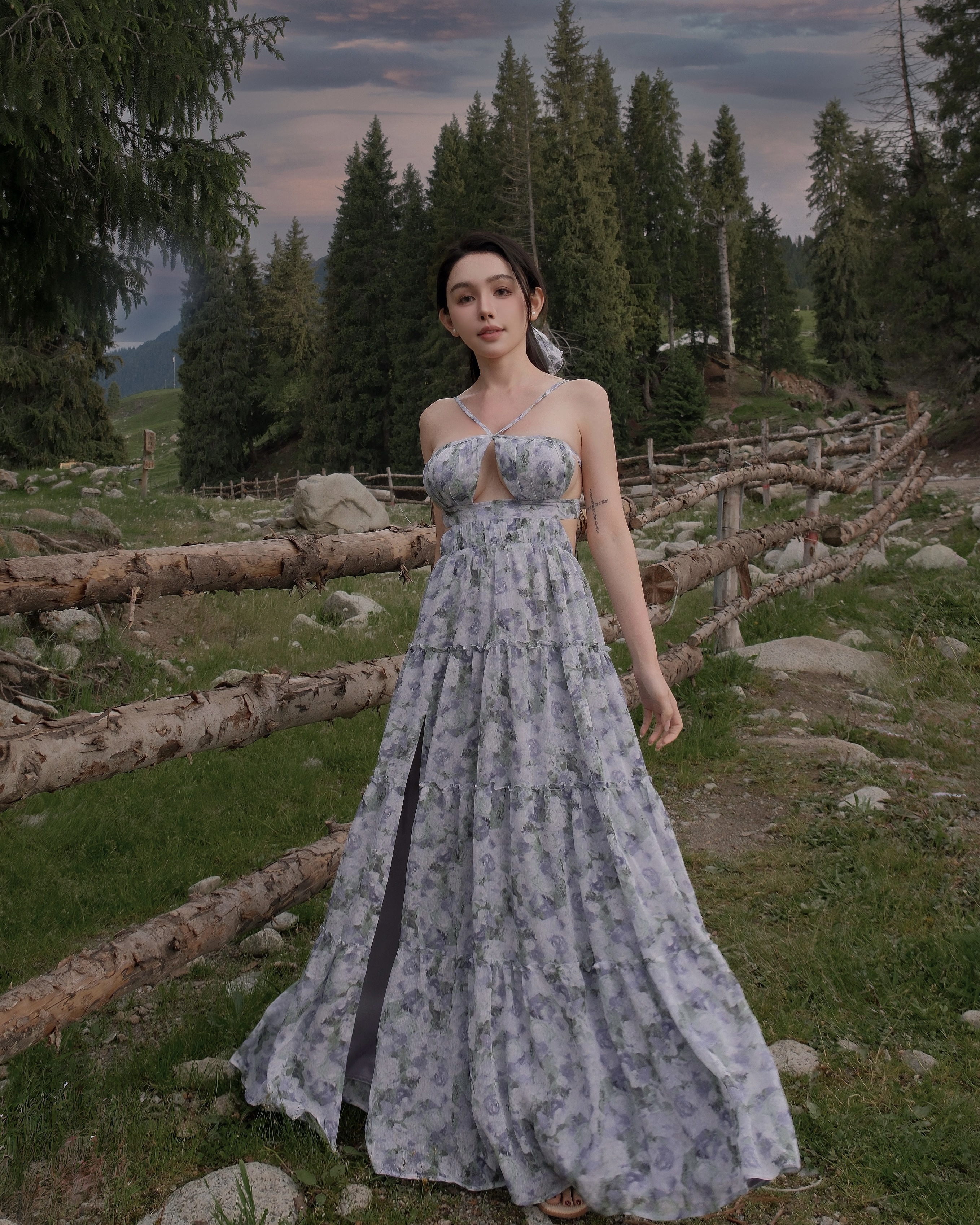 訂製-浪漫油畫印花美背挖胸長洋