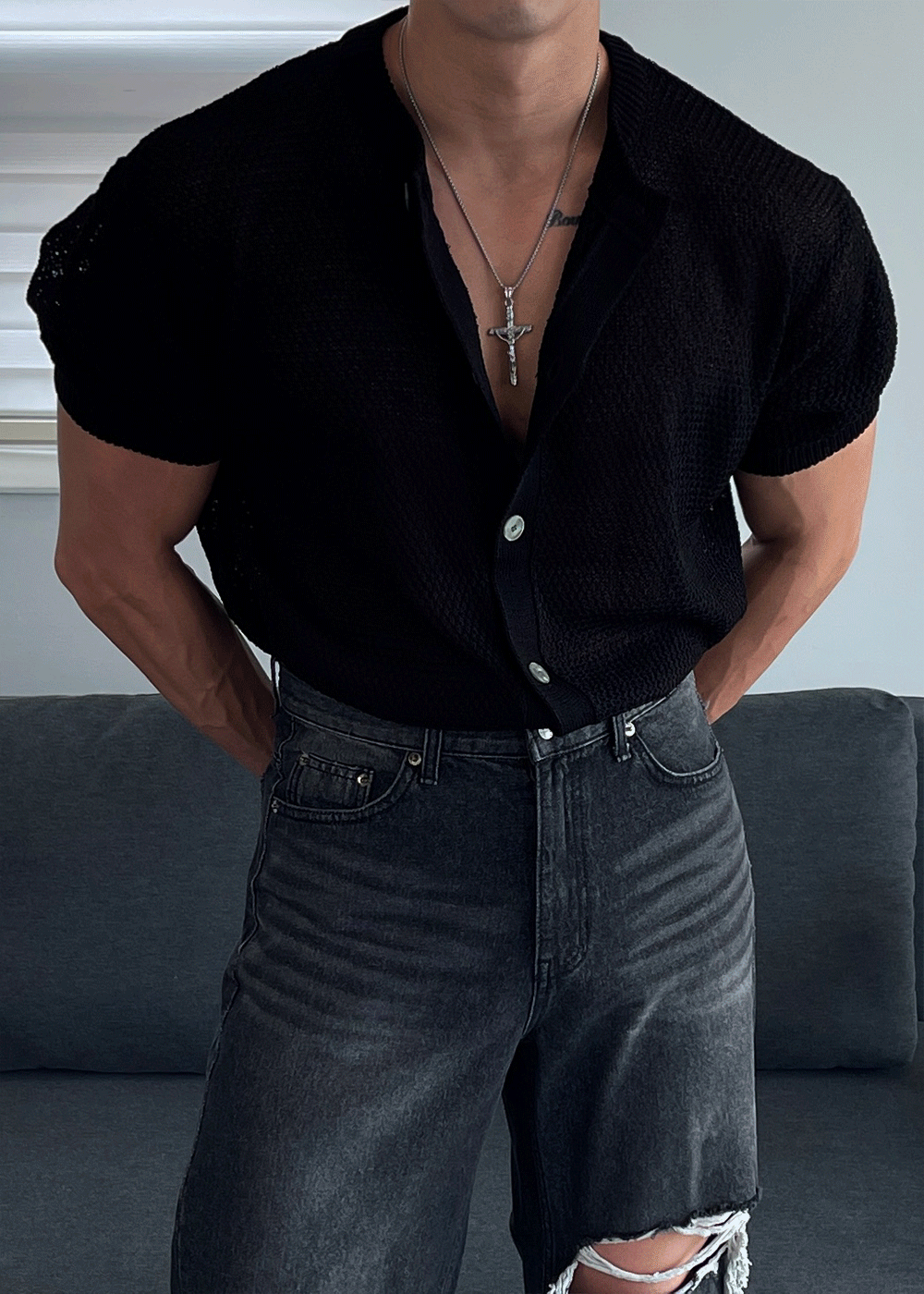 亞麻短袖針織開襟衫