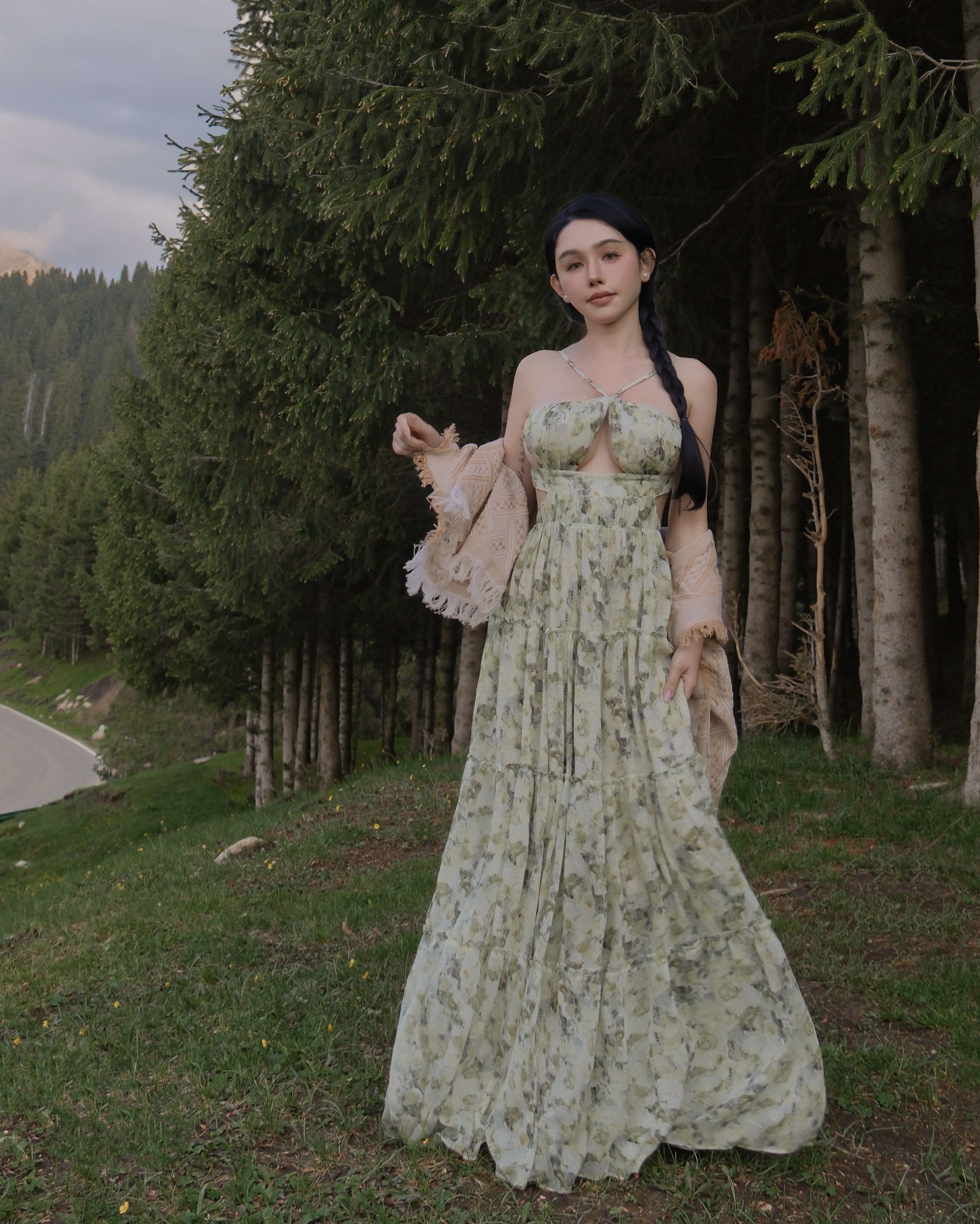 訂製-浪漫油畫印花美背挖胸長洋