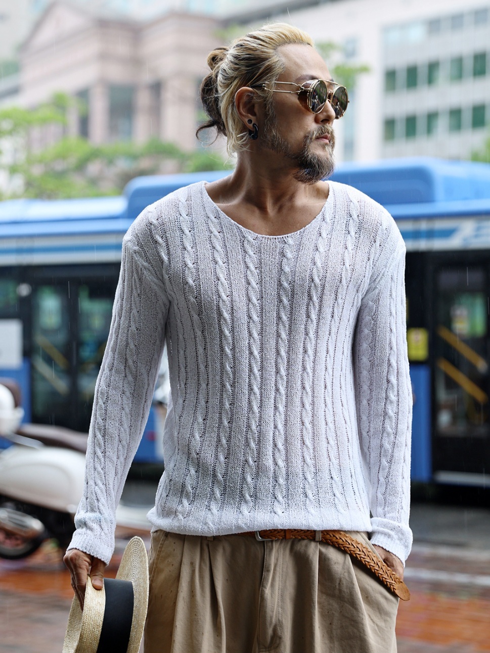 麻花圖案透視針織T卹