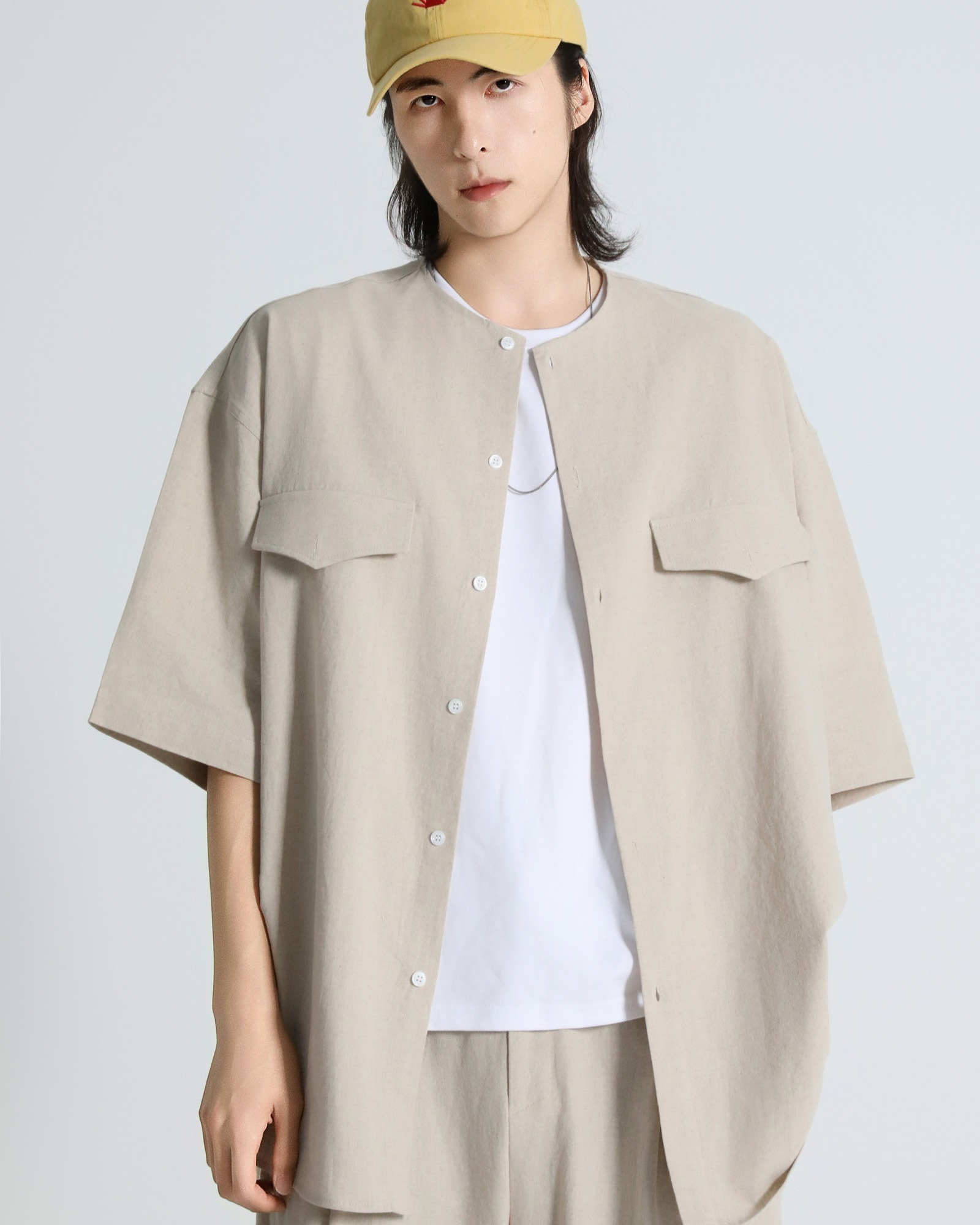 亞麻圓領短袖襯衫