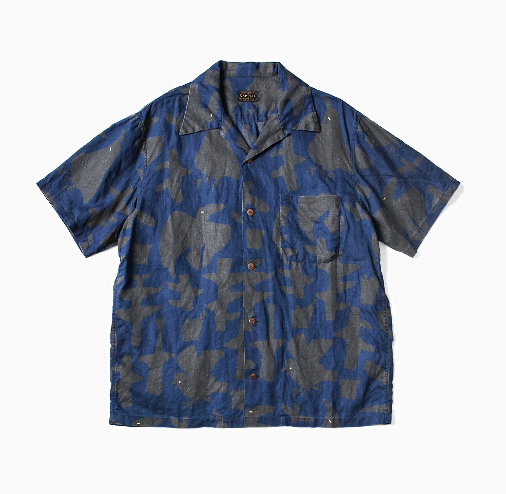 KAPITAL 2025 FRENCH CROSS LINEN GUIDING LIGHT CROW DISCHARGE PRINT SHIRT S/S - PRE ORDER ITEM (預訂中)