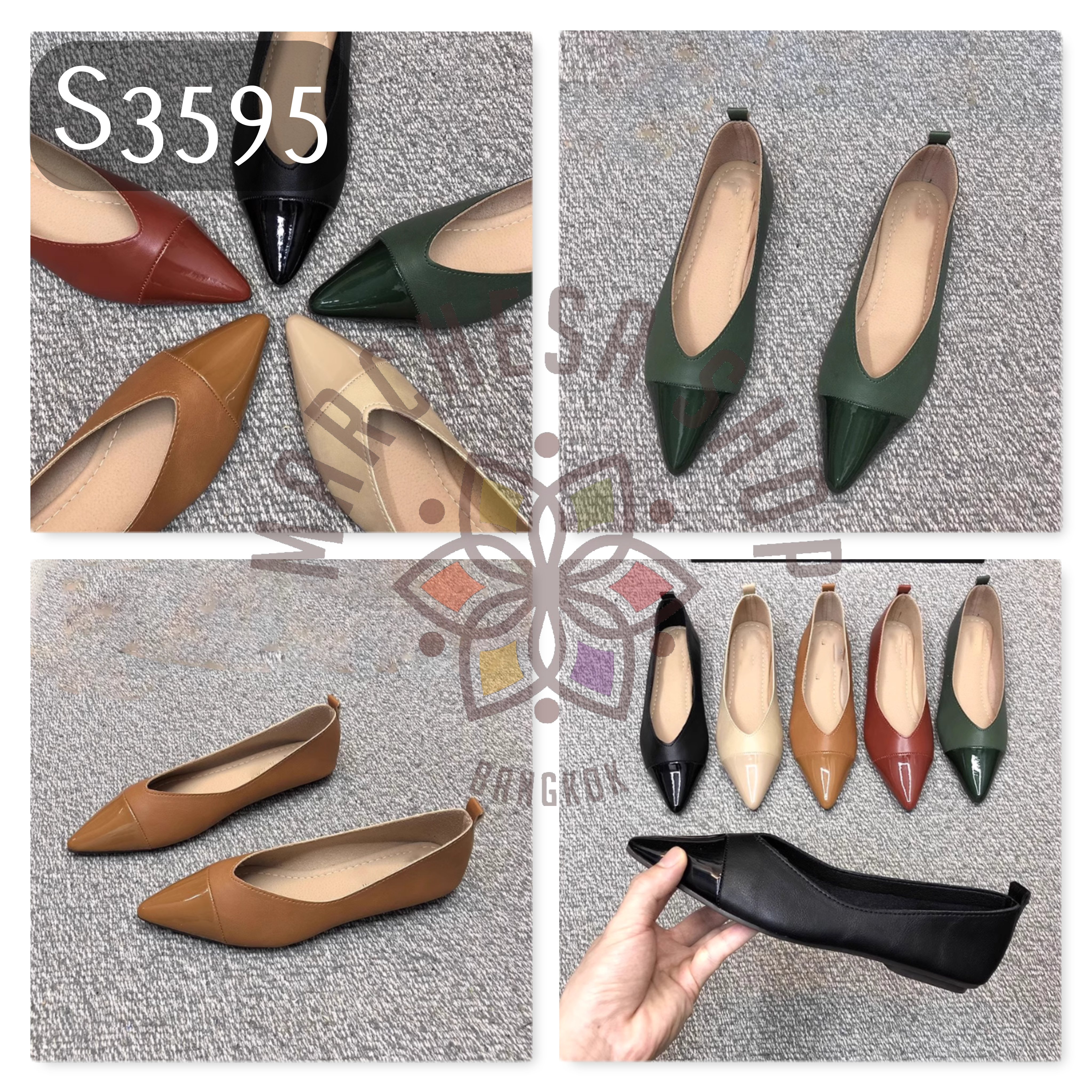 S3595 - 牛皮拼接尖頭平底鞋 (大水呎碼)