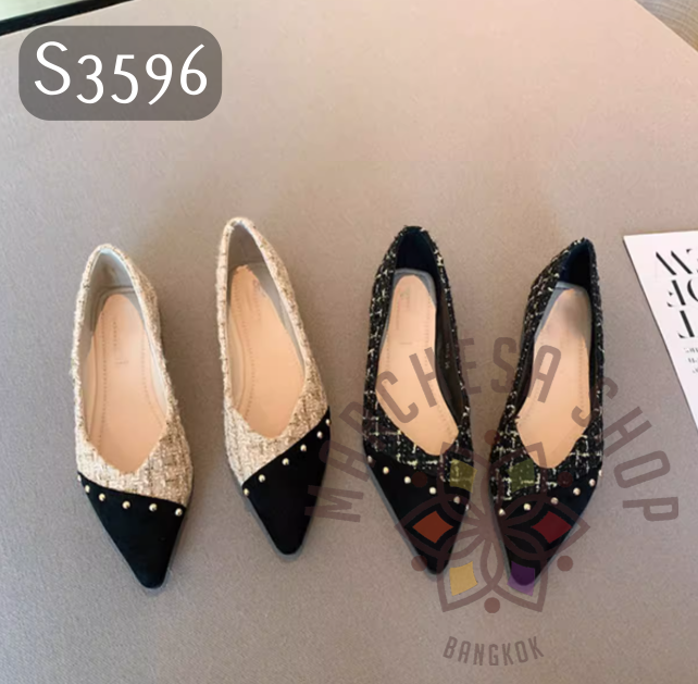 S3596 - 牛皮布面拼接格紋尖頭平底鞋 (大水呎碼)