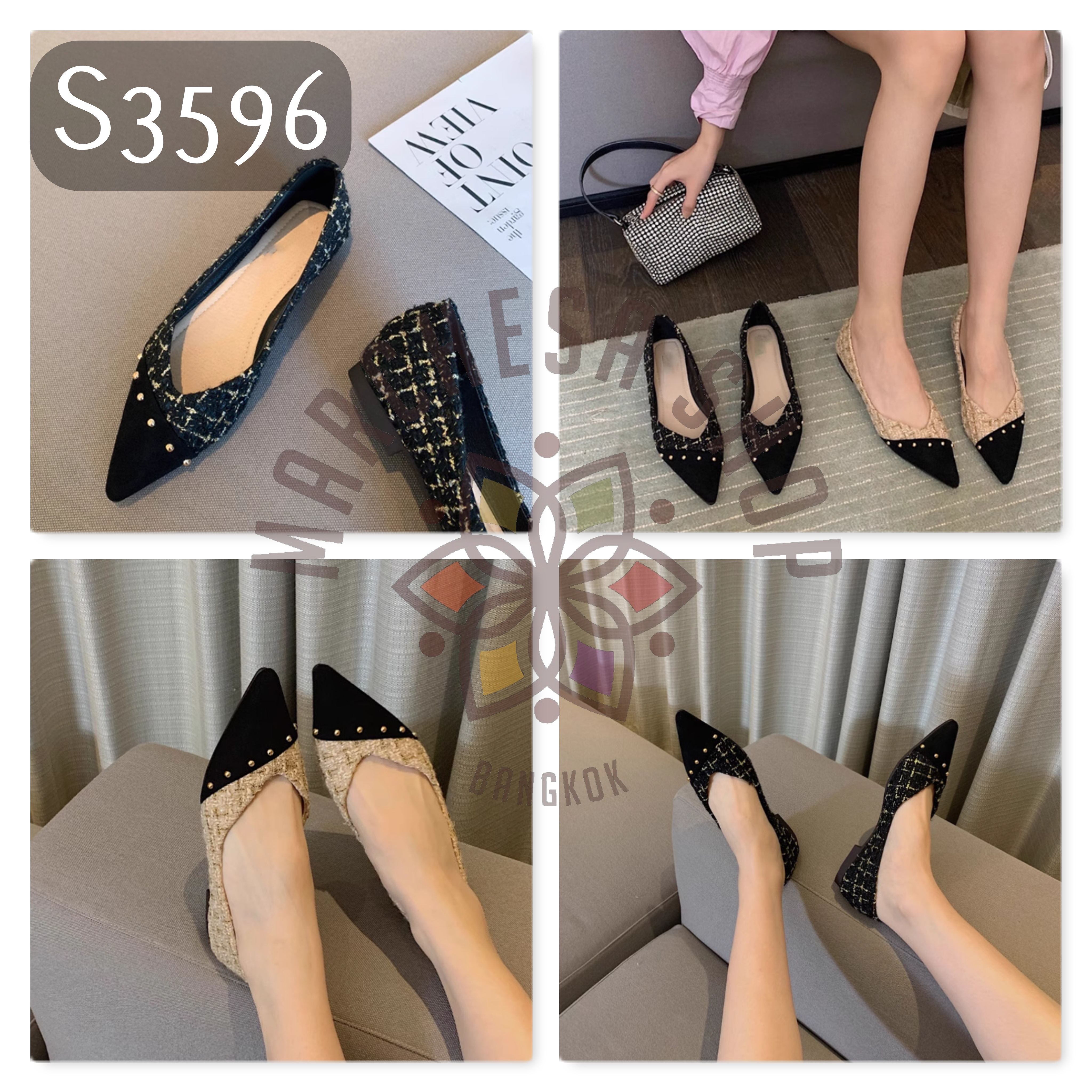 S3596 - 牛皮布面拼接格紋尖頭平底鞋 (大水呎碼)