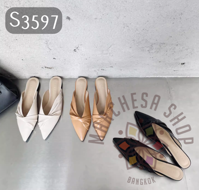 S3597 - 牛皮扭結尖頭平底涼拖 (大水呎碼)