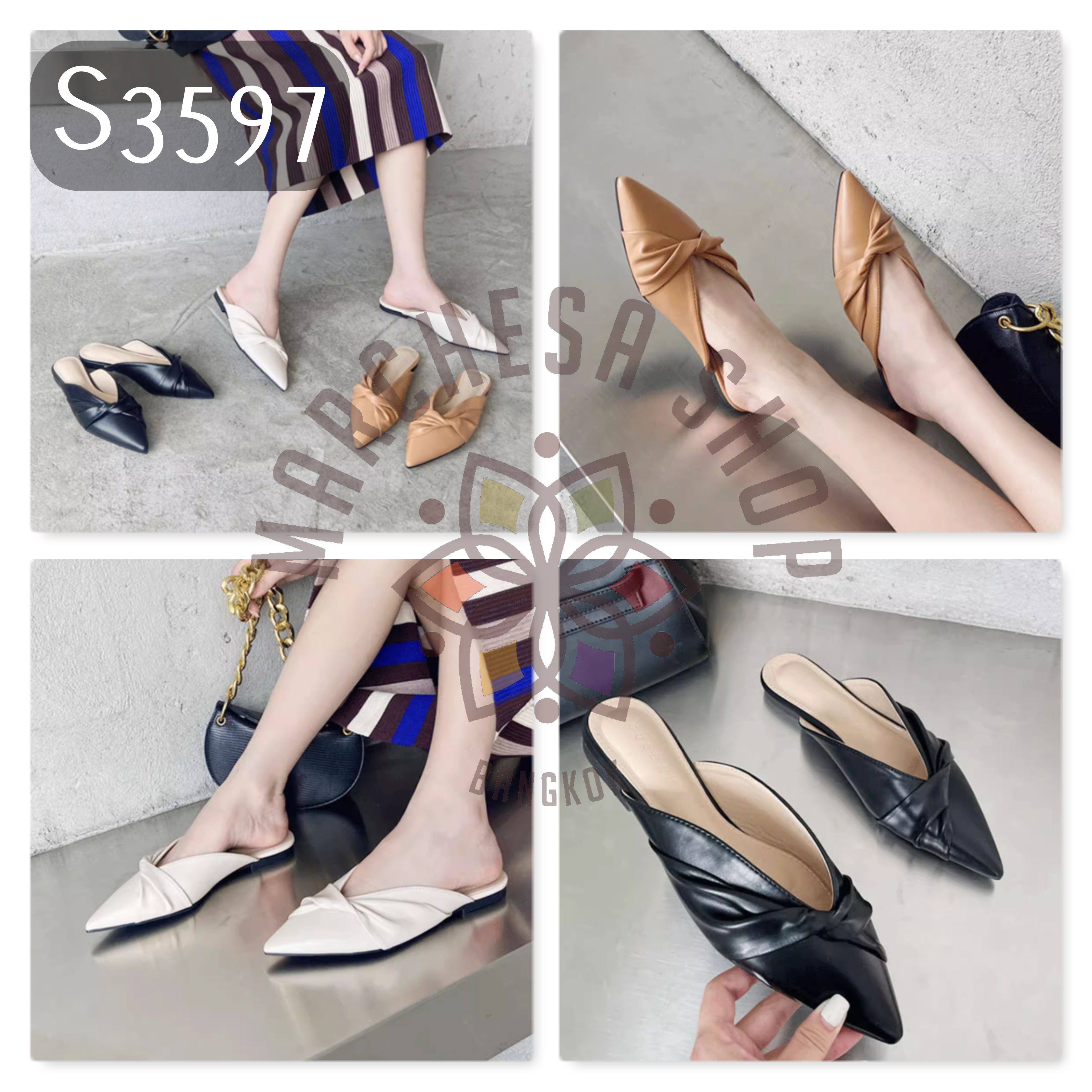 S3597 - 牛皮扭結尖頭平底涼拖 (大水呎碼)