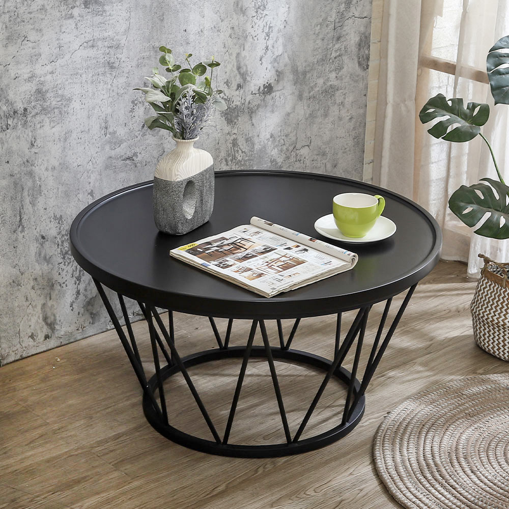 雷姆2.7尺工業風圓形木面大茶几(黑色鐵腳座-兩色可選)