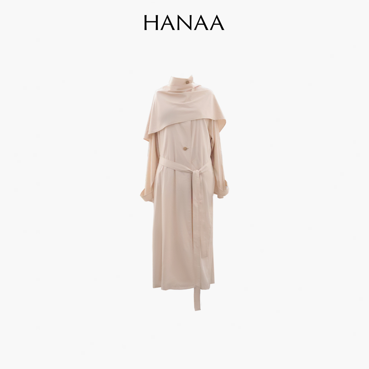 HANAA 新款純棉多穿領立裁廓形披肩長風衣
