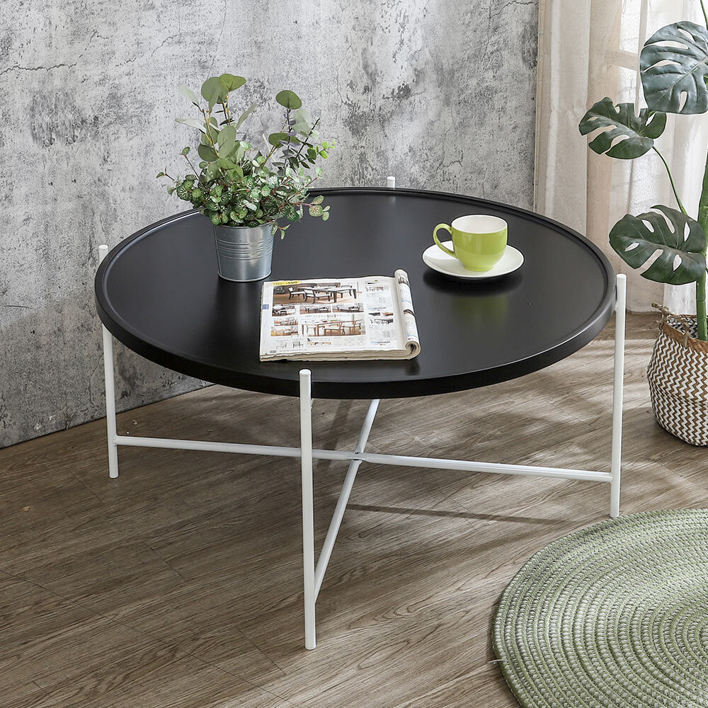 路克3.1尺工業風圓形木面大茶几(白色十字鐵腳座-兩色可選)