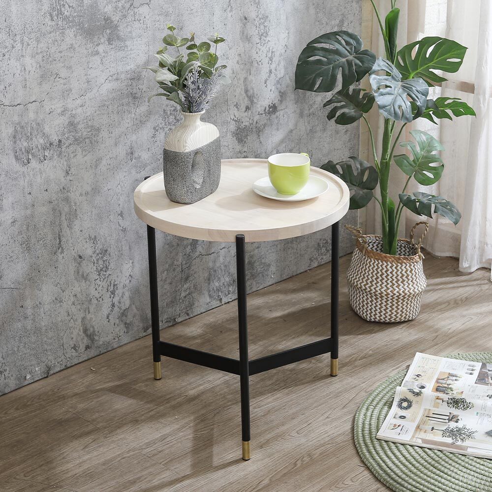 得恩1.8尺工業風圓形木面小茶几/邊几/邊桌(黑色Y字鐵腳座-八色可選)