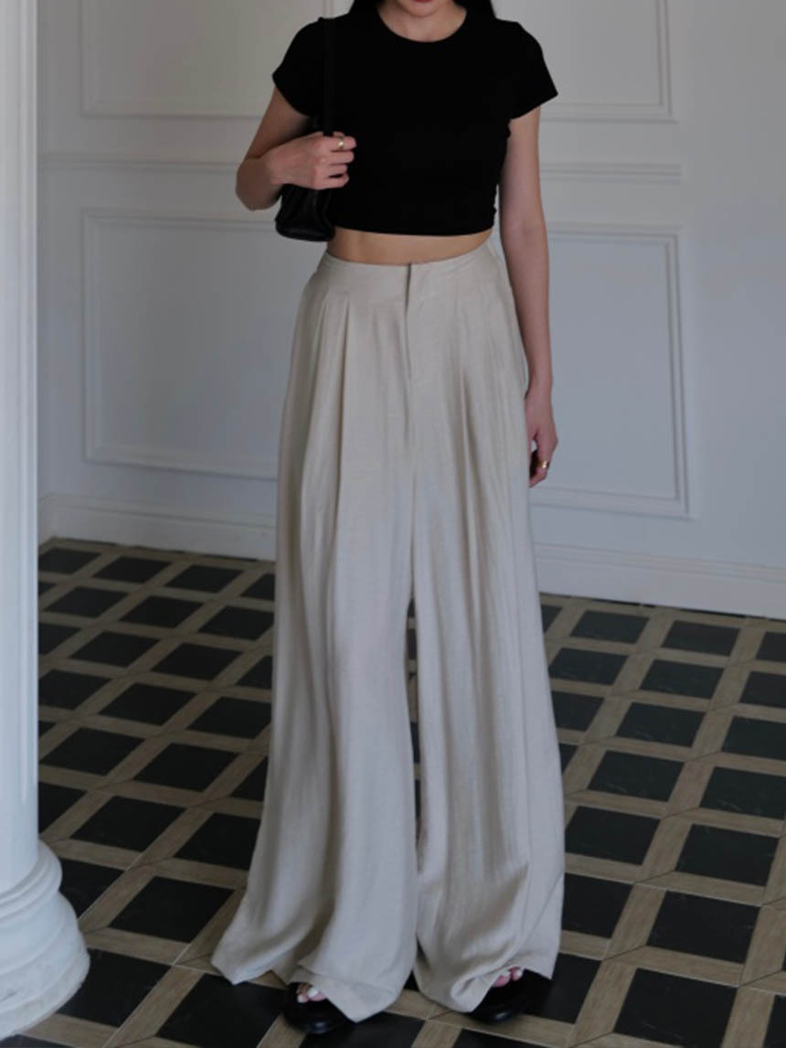 無褲頭麻料落地寬褲*3色