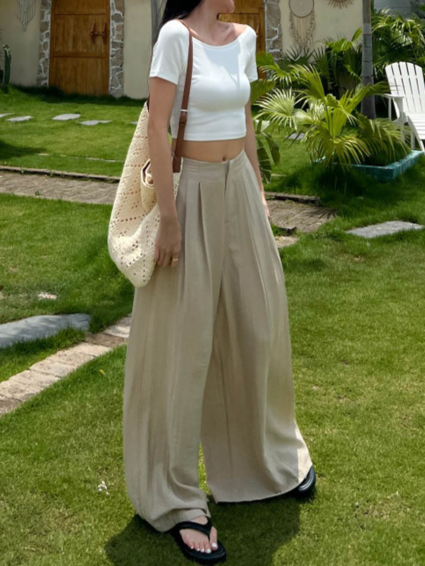 無褲頭麻料落地寬褲*3色