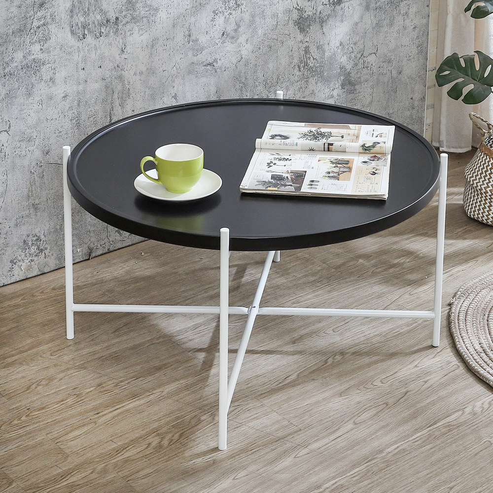 路克2.8尺工業風圓形木面大茶几(白色十字鐵腳座-兩色可選)