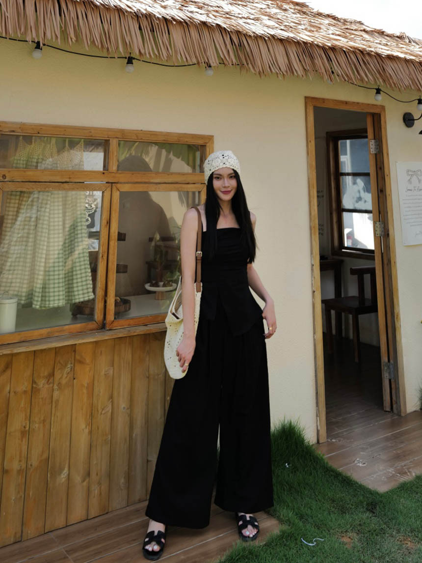 收腰摺皺側開衩長褲套裝*2色