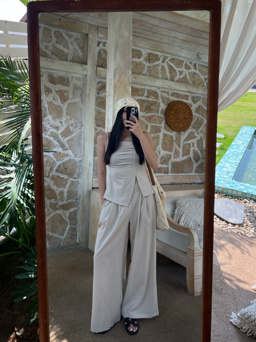 收腰摺皺側開衩長褲套裝*2色