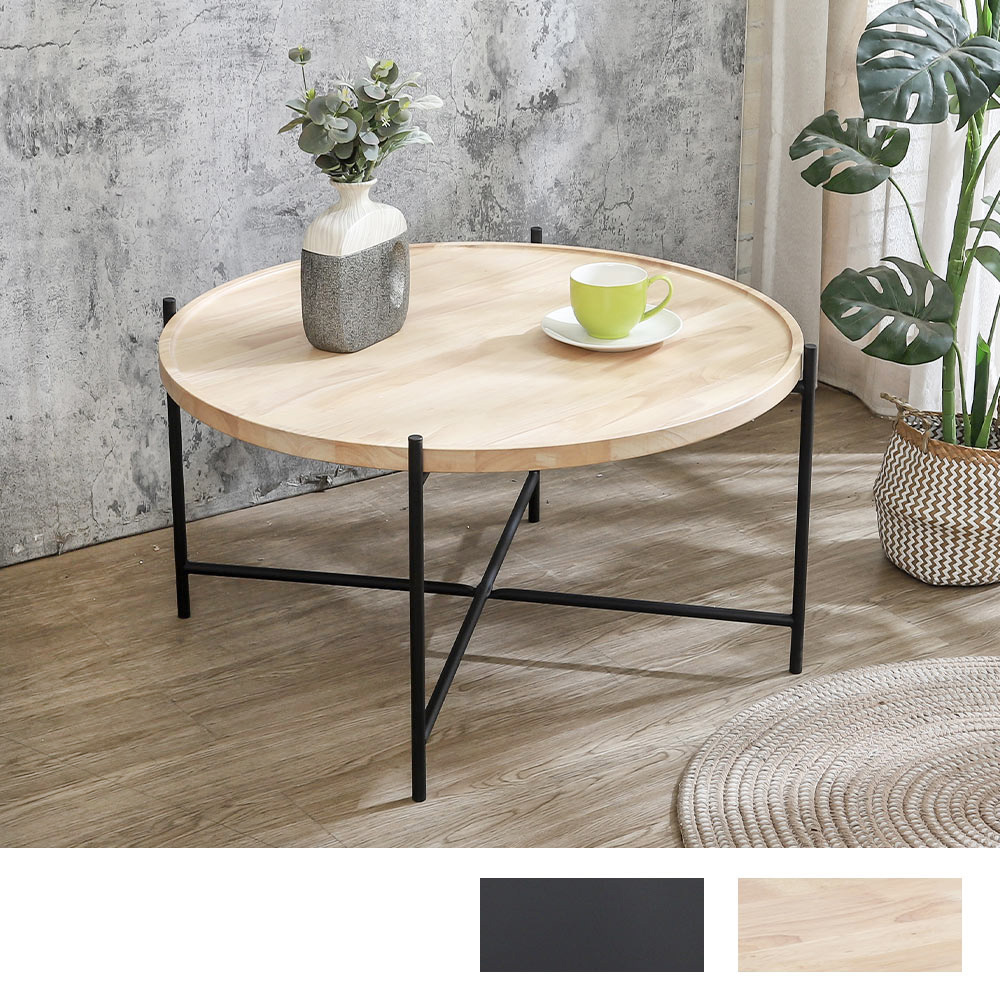 路克2.8尺工業風圓形木面大茶几(黑色十字鐵腳座-兩色可選)
