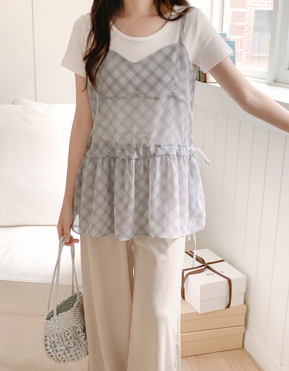 韓國grace muse授權 靜謐柔和格紋綁帶洋裝感上衣