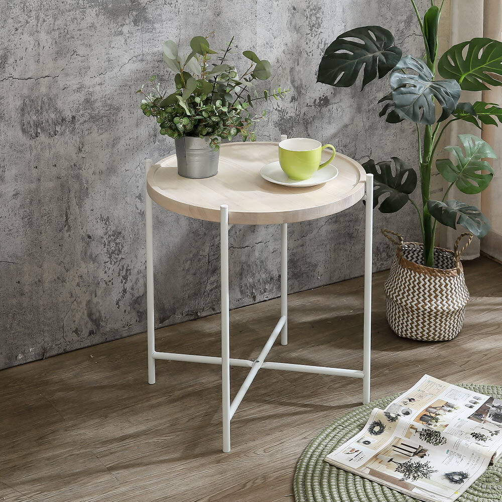 路克1.8尺工業風圓形木面小茶几/邊几/邊桌(白色十字鐵腳座-八色可選)