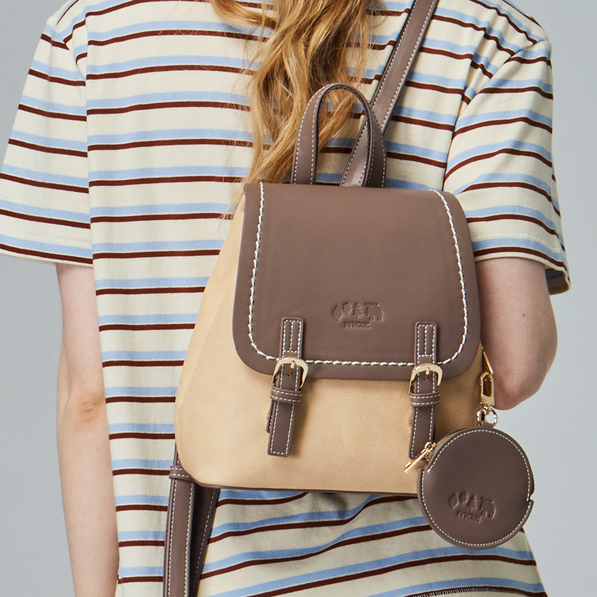 moz瑞典 駝鹿拚色復古風 可調包型💦防潑水後背包(燕麥色)(附零錢包)