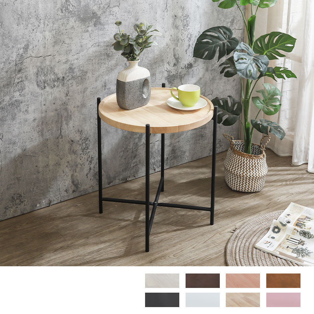 路克1.8尺工業風圓形木面小茶几/邊几/邊桌(黑色十字鐵腳座-八色可選)