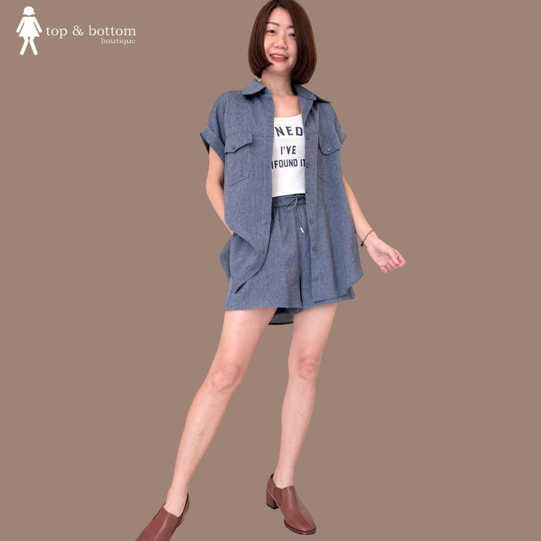 SOFT LINEN SHIRT & SHORTS SET SUIT WITH INNER SINGLET (3PCS)