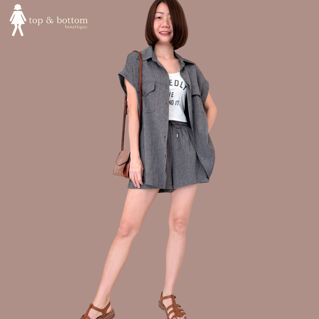 SOFT LINEN SHIRT & SHORTS SET SUIT WITH INNER SINGLET (3PCS)
