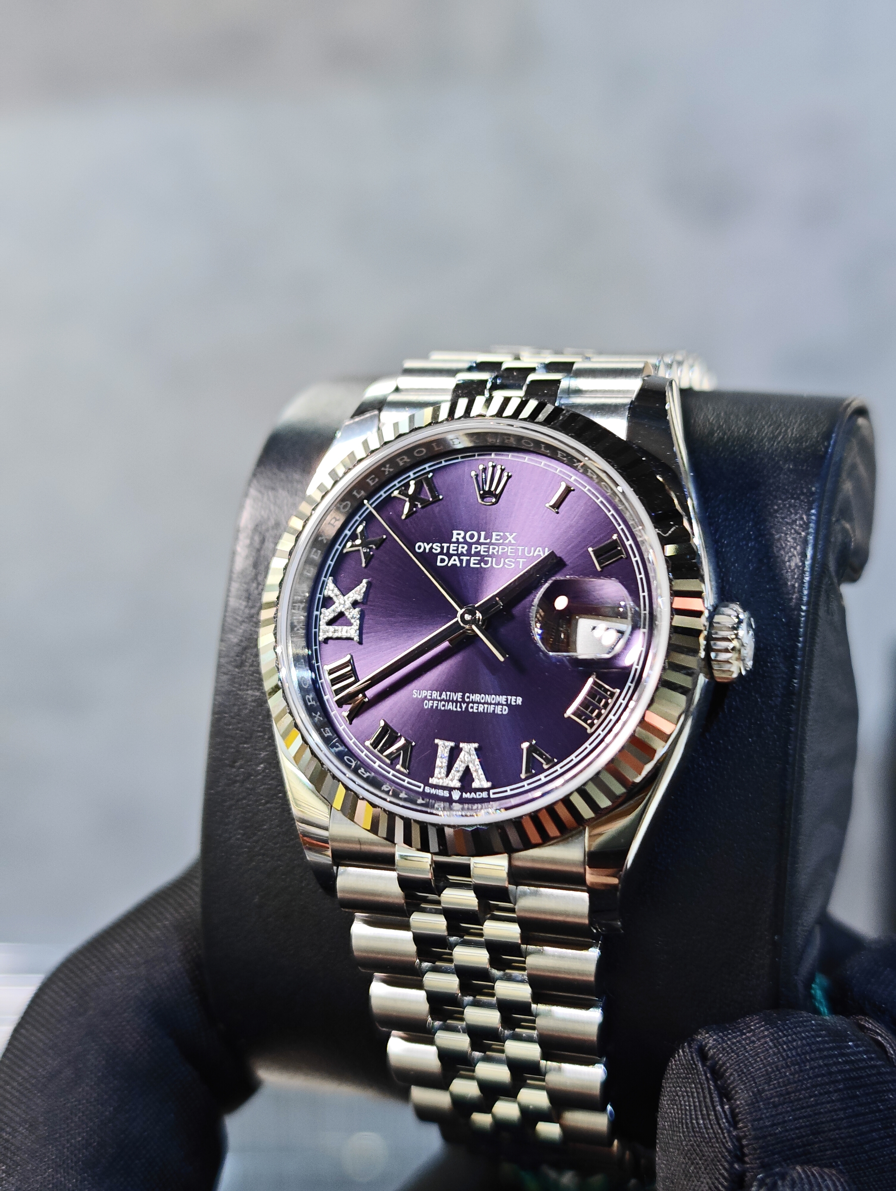 BRAND NEW ROLEX 126234 PURPLE ROMAN NUMERALS WITH DIAMOND WHITE GOLD STEEL DATEJUST 36 WITH JUBILEE STRAP