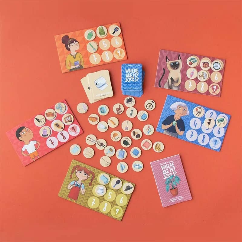 Londji我的襪子在哪兒？訓練遊戲，圓形物品圖卡、牌卡、數字卡，訓練觀察力與速度，提升幼童詞彙發展