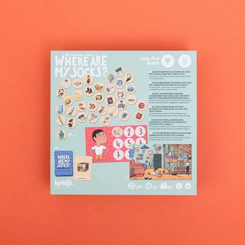 Londji我的襪子在哪兒？訓練遊戲，天然植物塗料、環保紙質。適用年齡3歲以上。