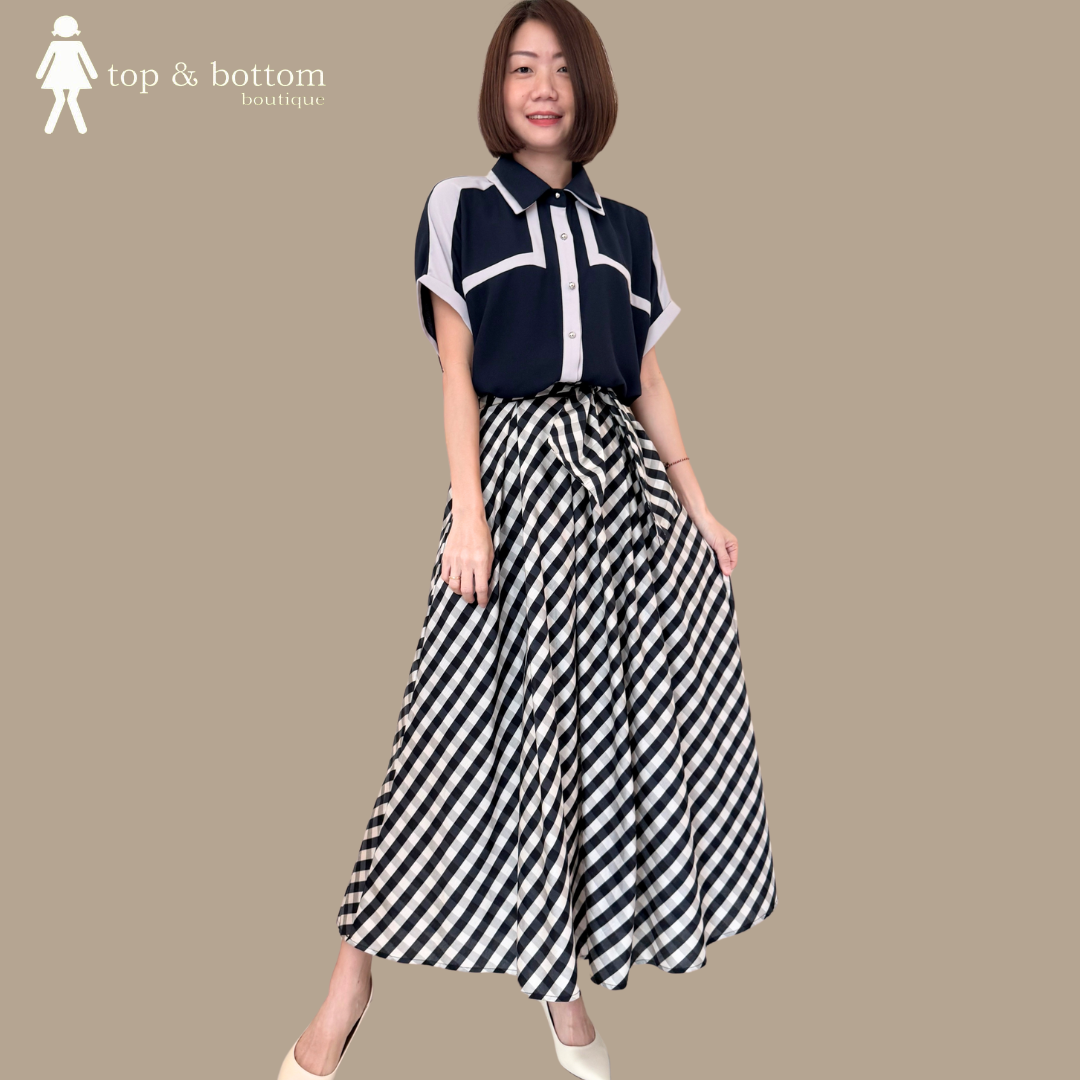 SHORT SLEEVE CHIFFON 2 TONE COLLARED BLOUSE