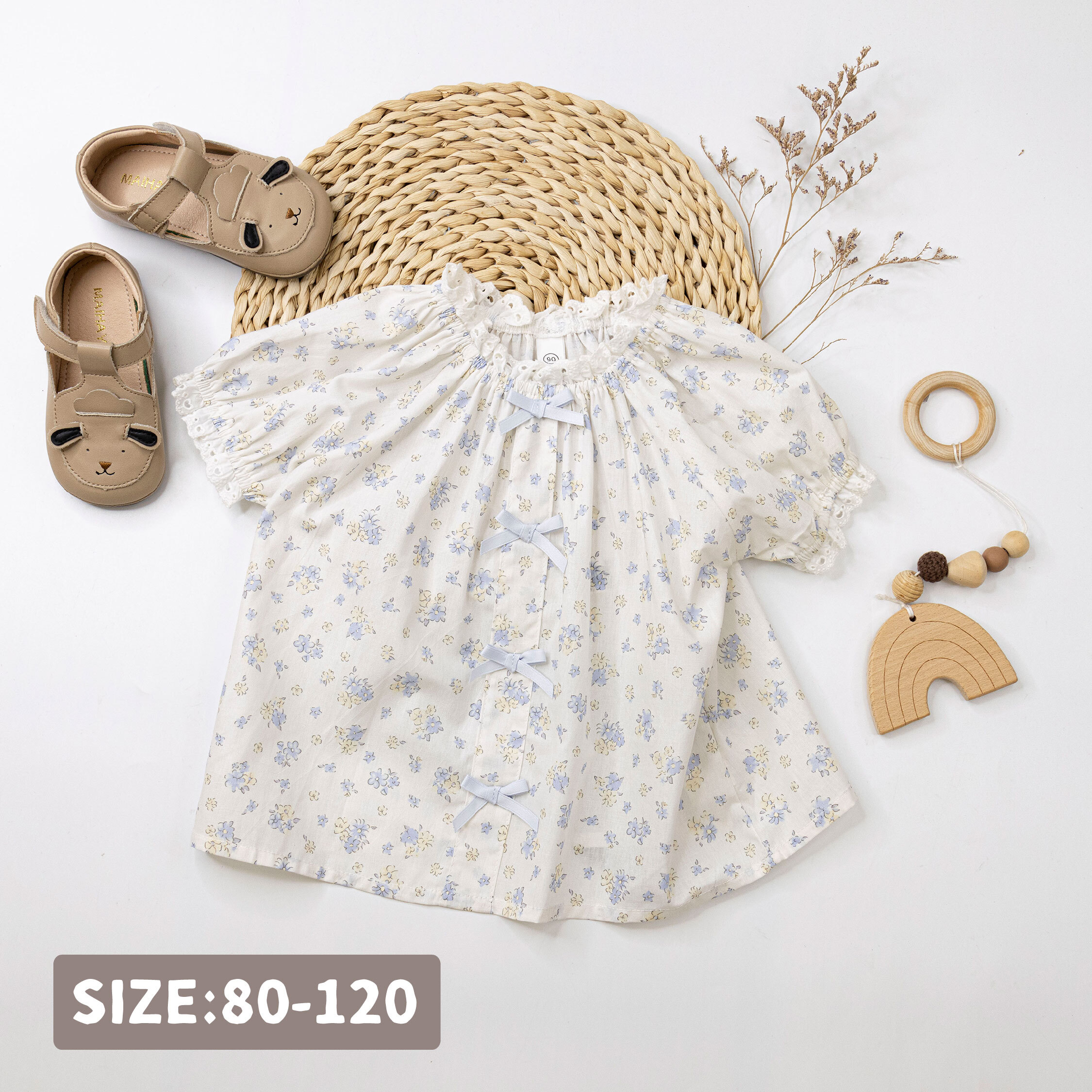 【H50513】氣質蝴蝶結裝飾碎花上衣