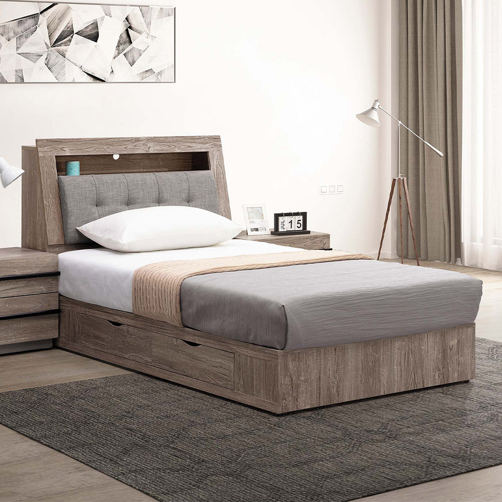 波克3.5尺工業風單人床組(附插座床頭箱+二抽收納床底-不含床墊)