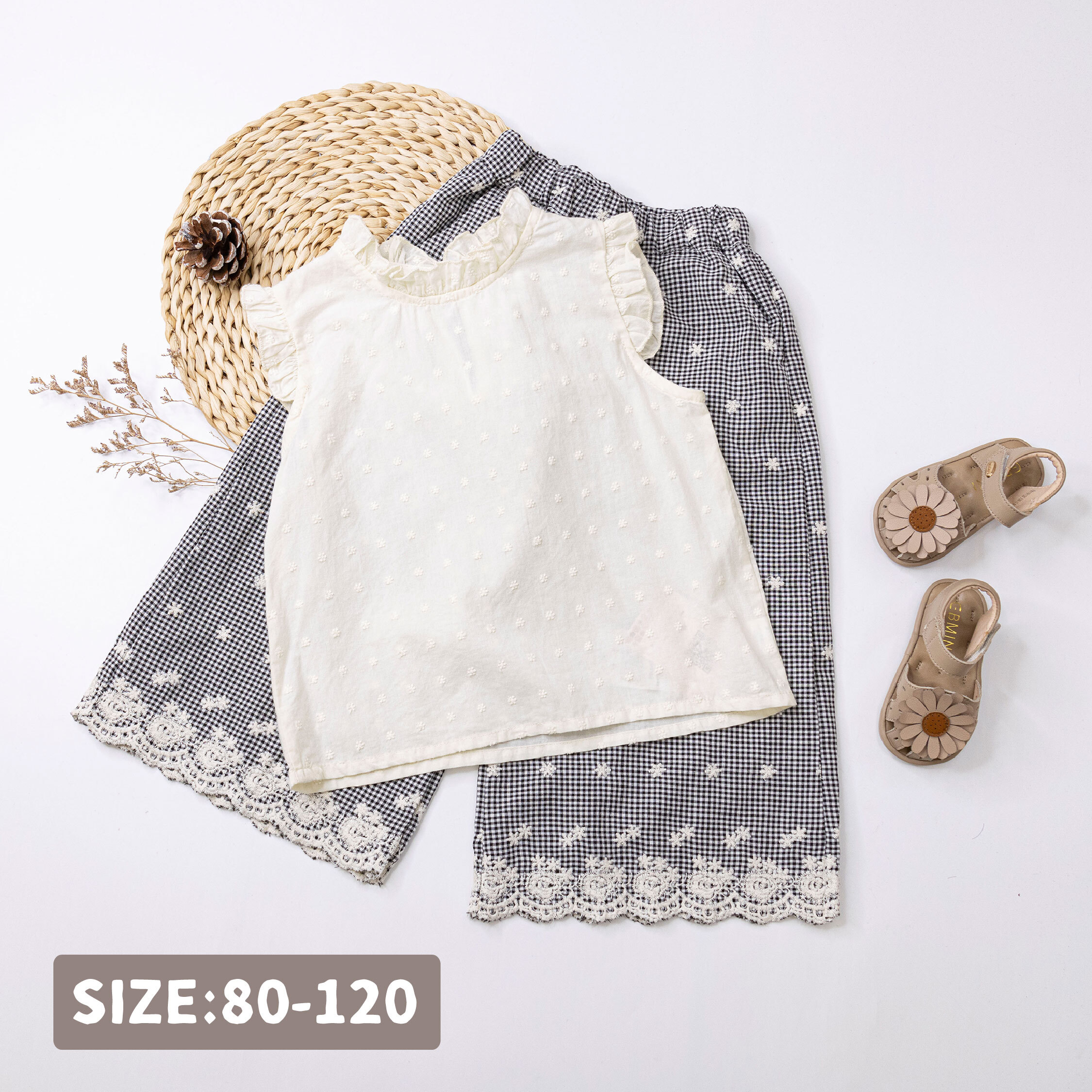 【H50590】滿版花卉刺繡格紋褲套裝