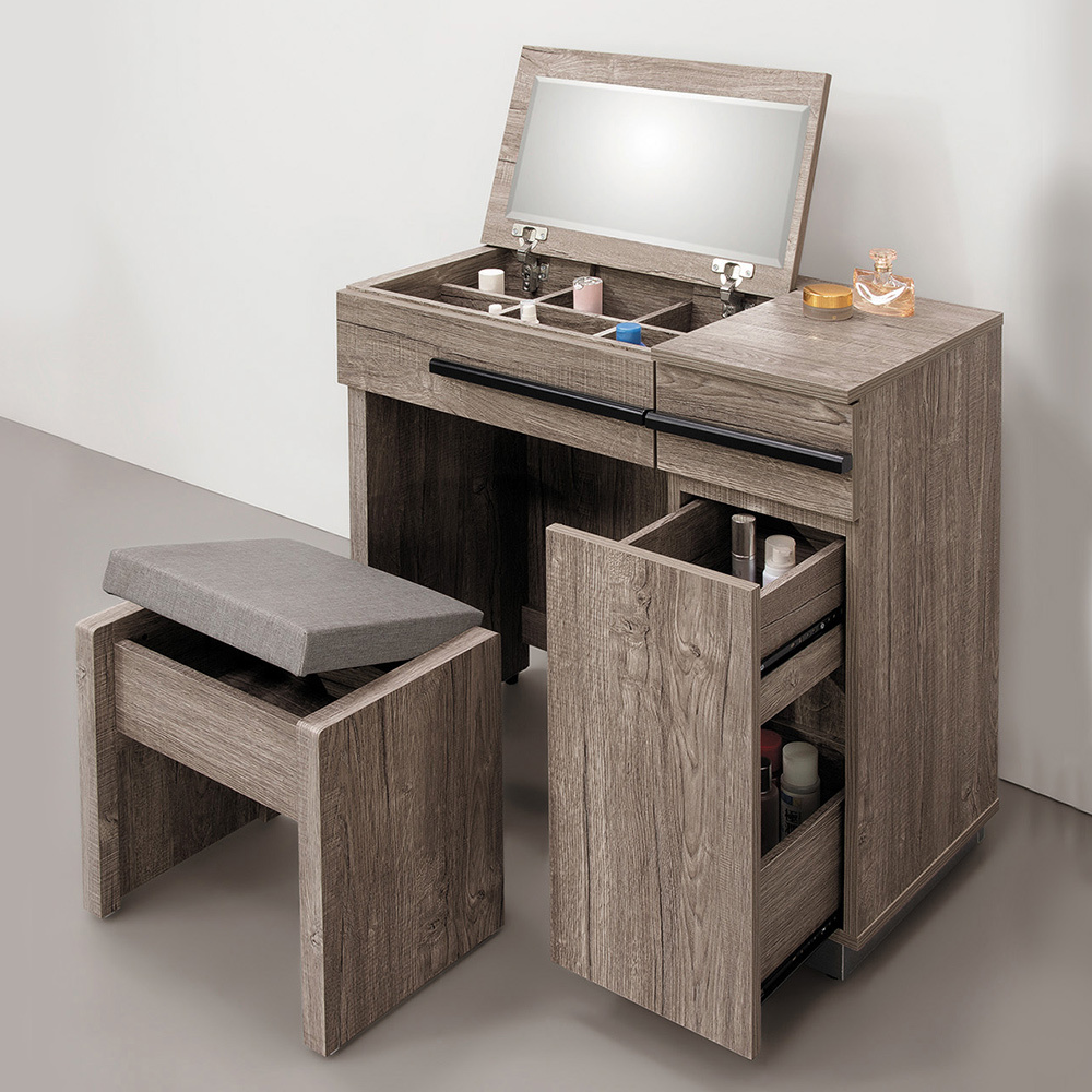 波克2.7尺工業風掀蓋式化妝桌/鏡台/梳妝台(附收納化妝椅)