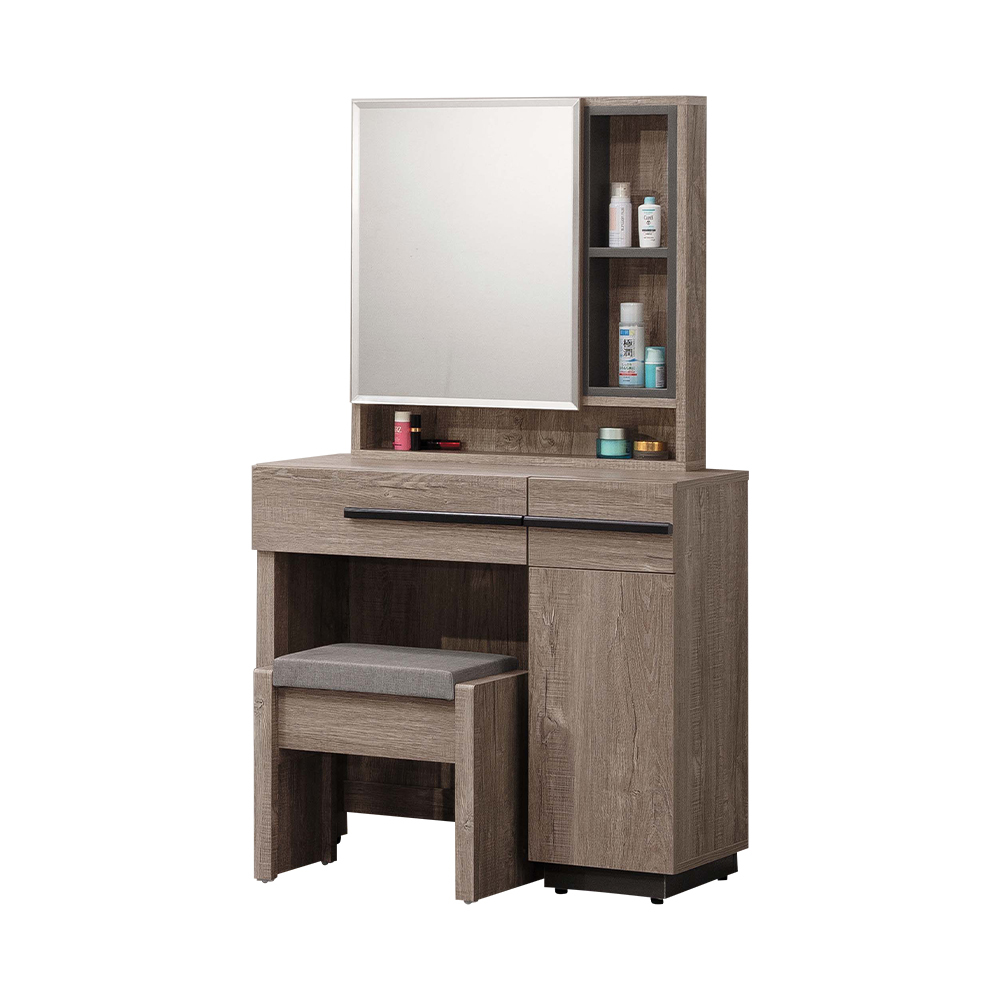 波克2.7尺工業風化妝桌/開門式鏡台/梳妝台(附收納化妝椅)