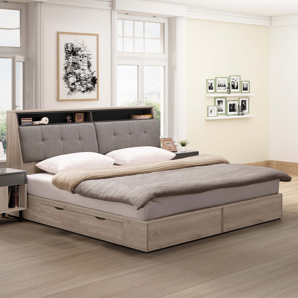 德特5尺工業風雙人床組(附插座床頭箱+二抽收納床底-不含床墊)