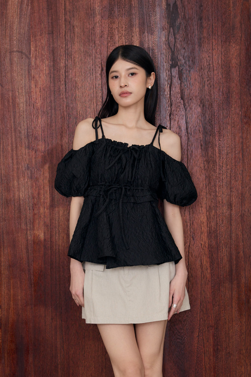 縐縐公主袖綁帶上衣