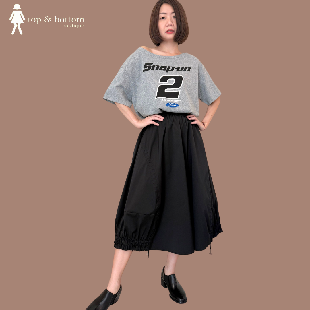 ELASTIC WAISTED COTTON TIE-STRIP HEM MIDI SKIRT