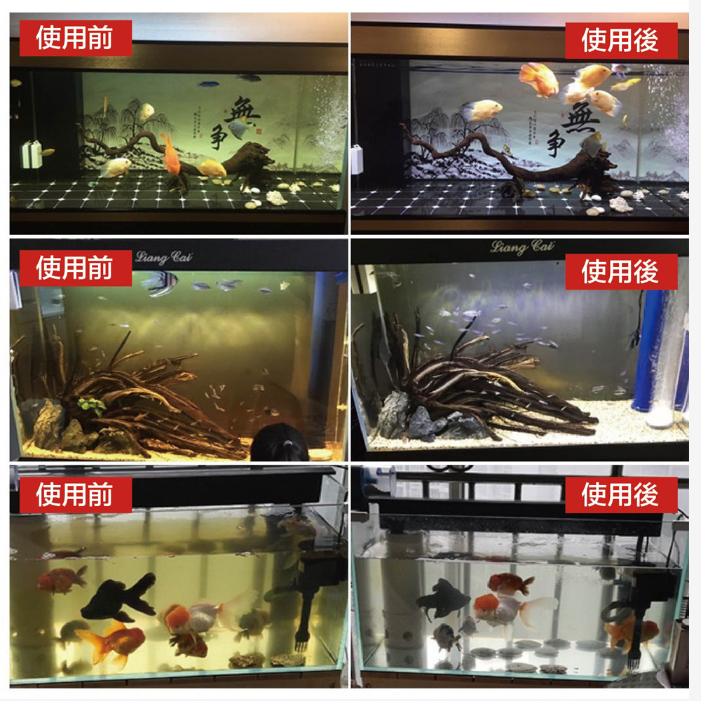 本產品能在約24小時內去除黃水及水中異味，解決飼料殘渣和過濾不良所導致的腥臭問題，減少換水頻率，讓養魚更輕鬆
