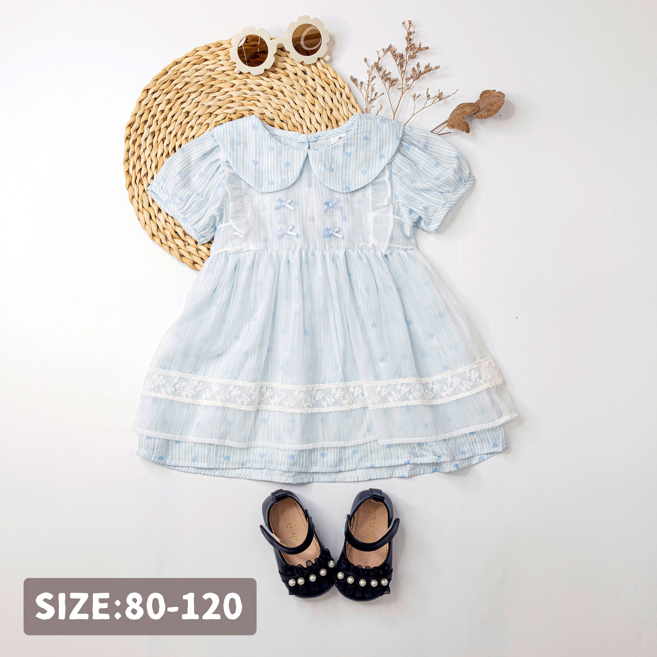 【H50587】甜甜愛心條紋網紗蕾絲洋裝