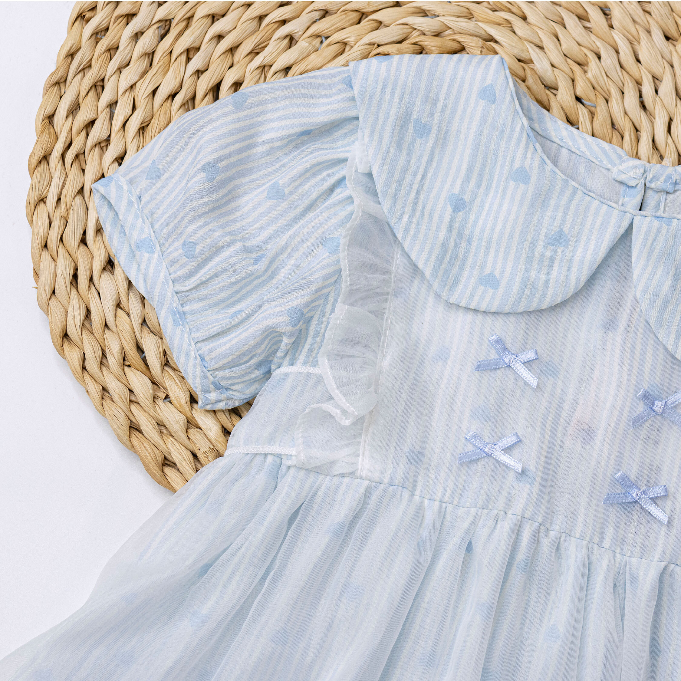 【H50587】甜甜愛心條紋網紗蕾絲洋裝