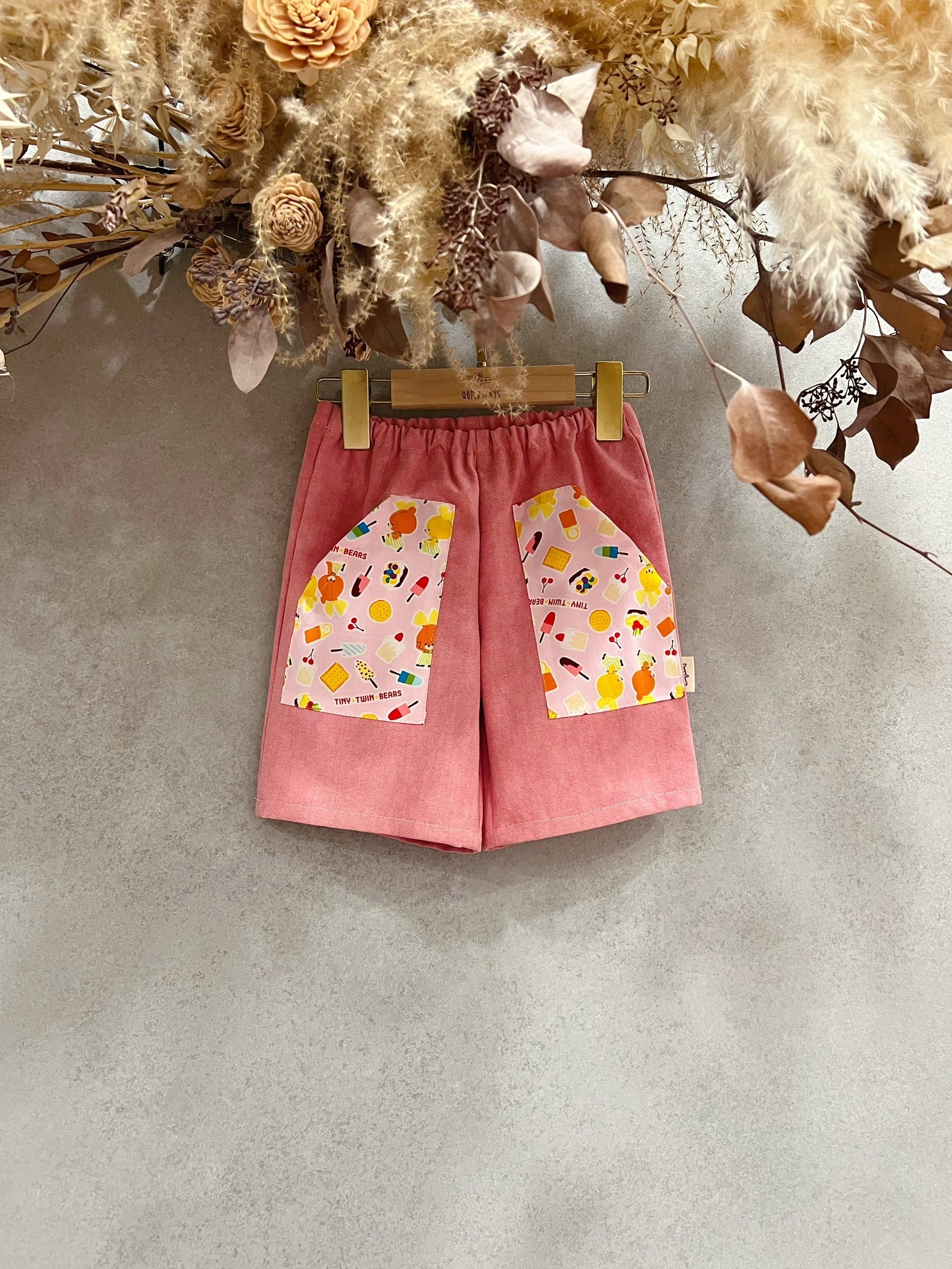 拼接小熊學校 斜口袋短褲（90）