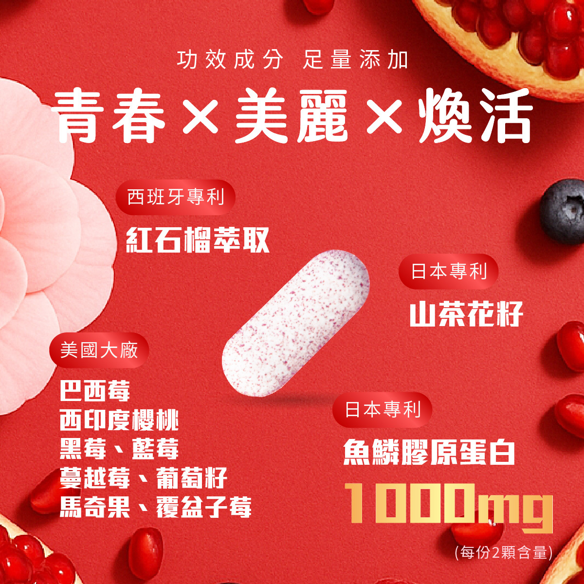 青春×美麗×煥活,日本專利BHN膠原蛋白搭配西班牙紅石榴、日本山茶花籽與美國專利綜合莓果多酚