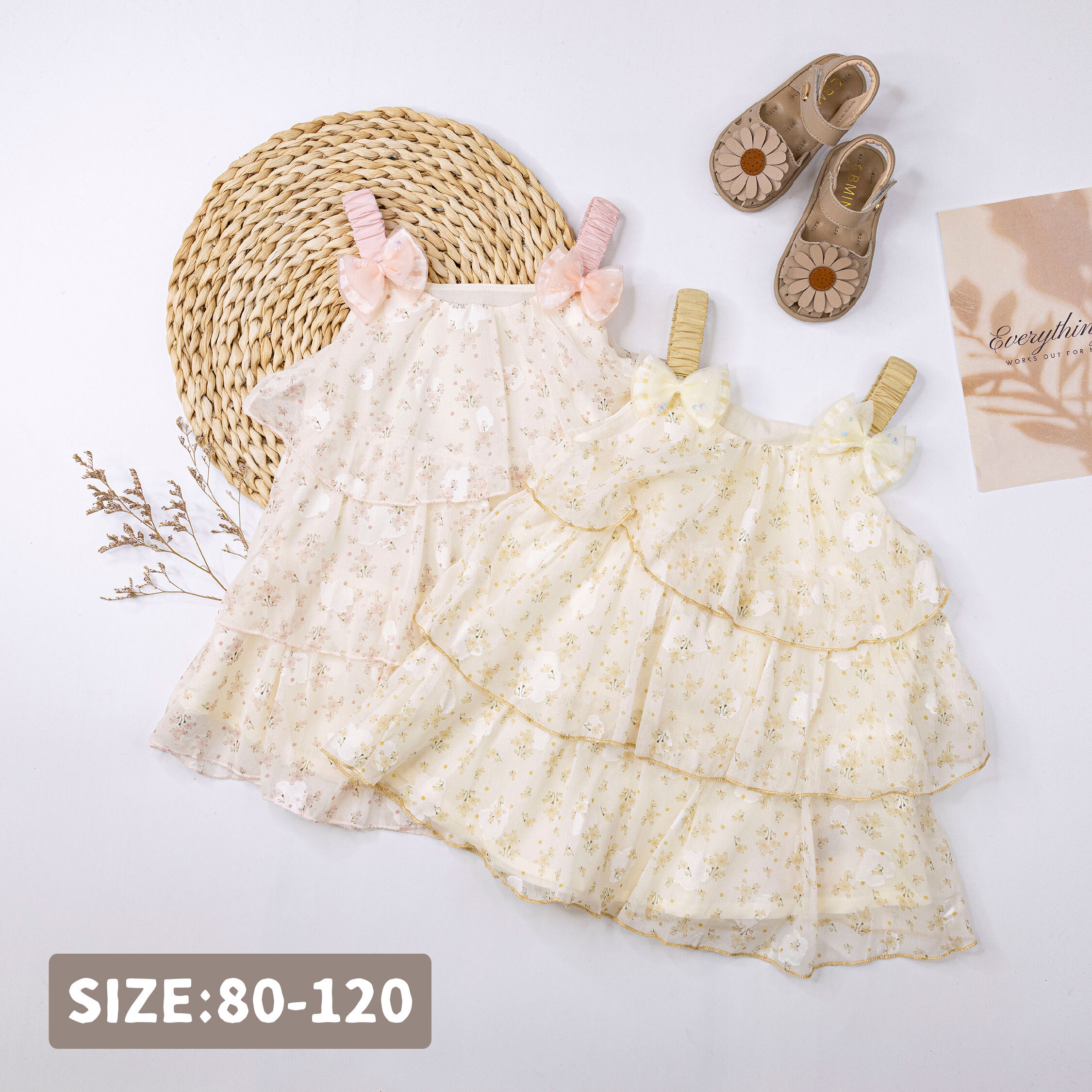 【H50588】蝴蝶結碎花蛋糕裙洋裝＊二色