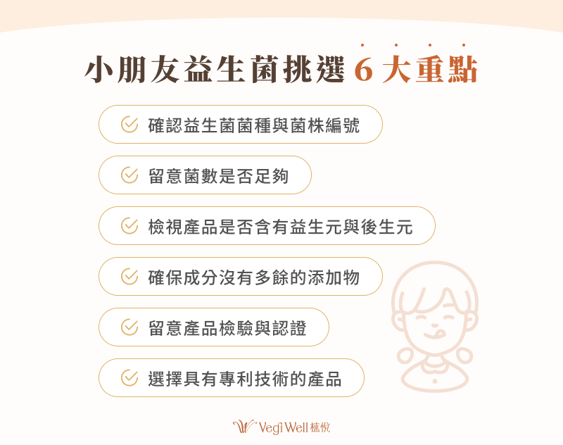 小朋友益生菌挑選 6 大重點  確認益生菌菌種與菌株編號 留意菌數是否足夠 檢視產品是否含有益生元與後生元 確保成分沒有多餘的添加物 留意產品檢驗與認證 選擇具有專利技術的產品